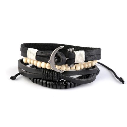 bratara neagra handmade piele ecologica ancora lemn