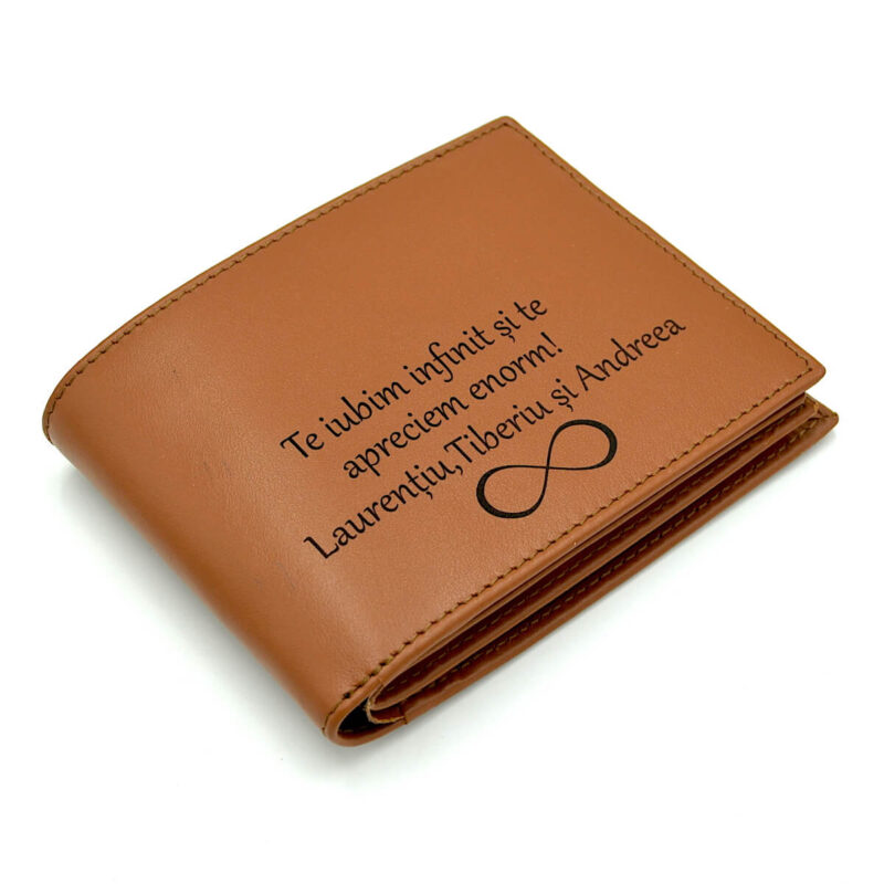 cadou barbati portofel personalizat text si infinit piele maro